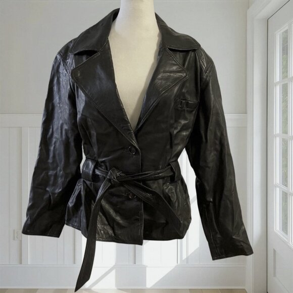 WILSONS Vintage Black Leather Peplum Jacket Belted Cinch Back L RN69426 80s 90s - Picture 2 of 13